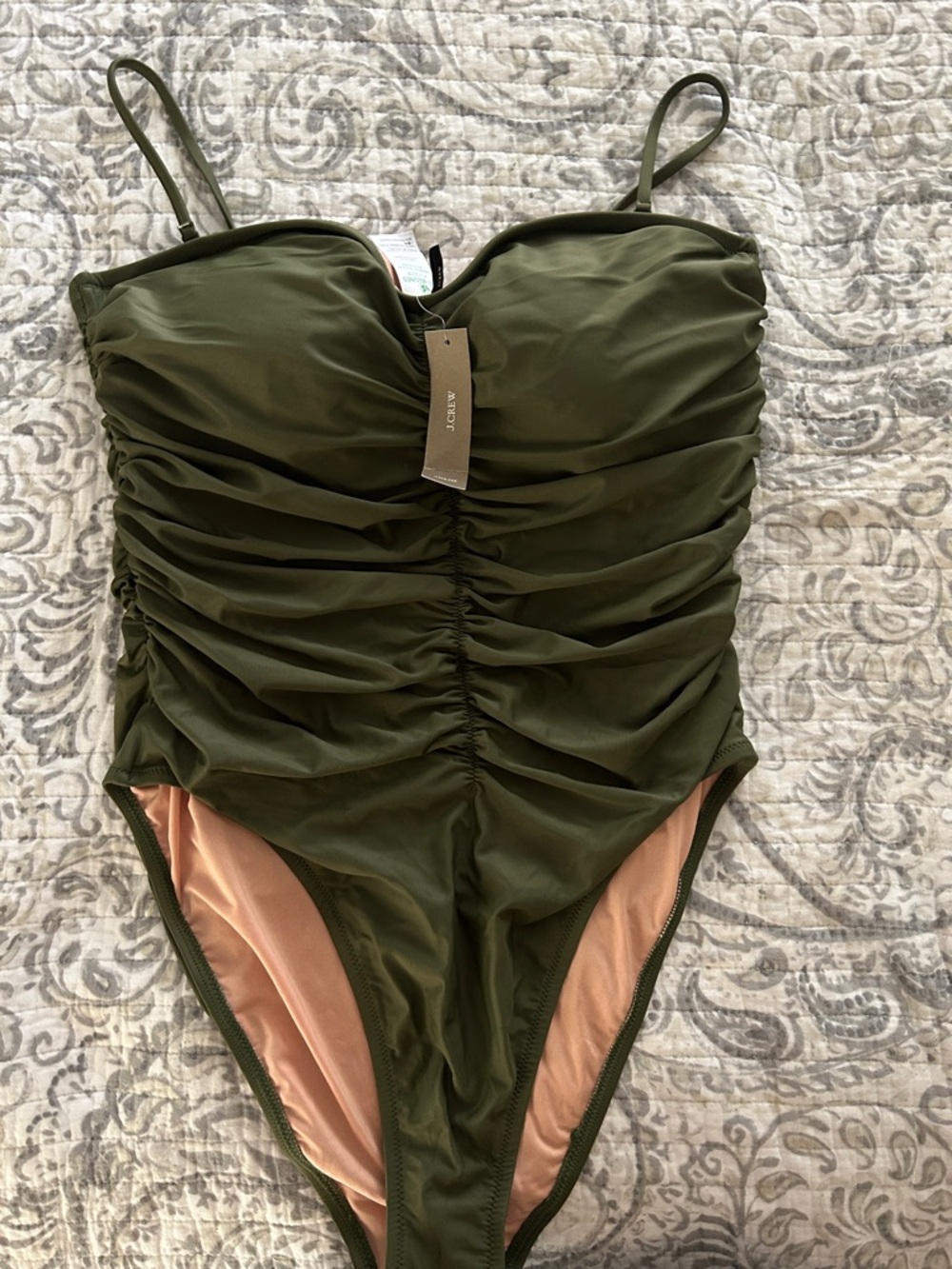 J. Crew Olive Green Ruched One-Piece Swimsuit with Adjustable Straps